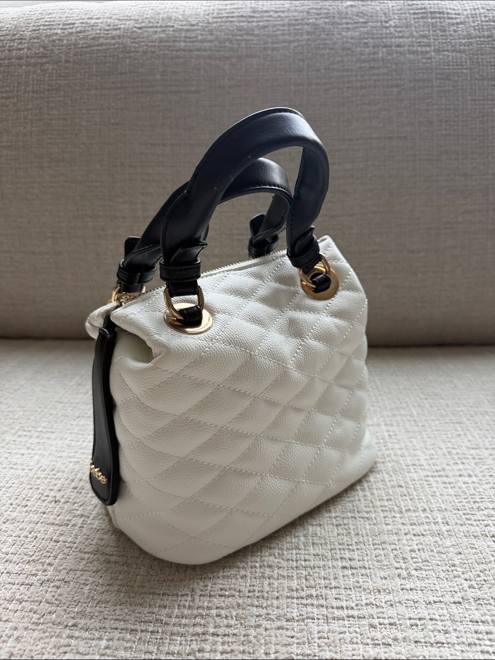 New Bebe Quilted White Top-Handle Women's Bag with Black Handles